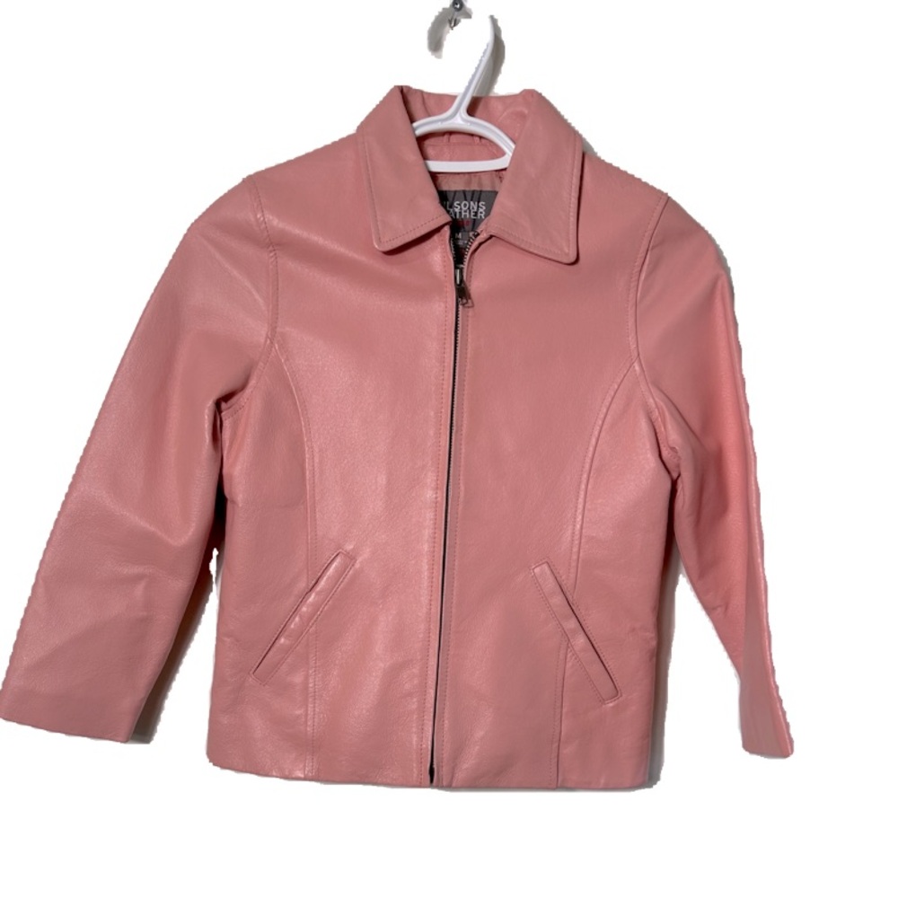 WILSONS LEATHER KIDS PINK JACKET GENUIN LEATHER ZIPPER LINEN IN SIZE MEDIUM KIDS
